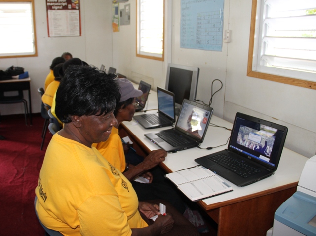 Senior citizens from St. John’s and St. George’s at their first computer class at the Nevis International Secondary School’s computer lab at Brown Pasture on January 29, 2015